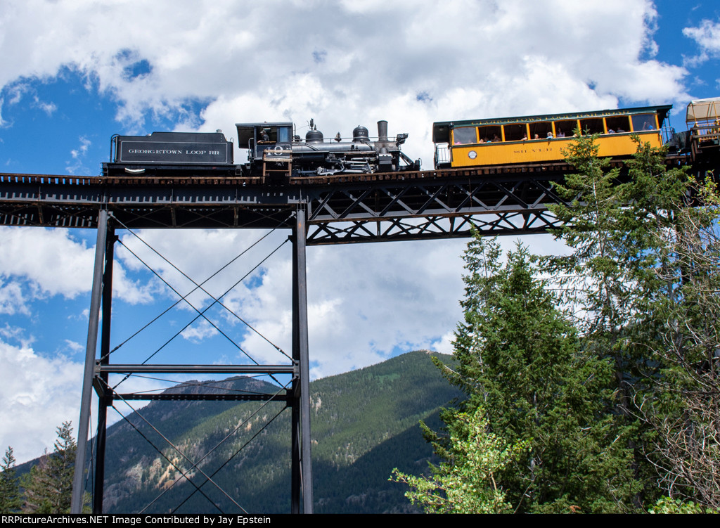 A Georgetown Town Loop RR train crosses he Devil's Gate Trestle 